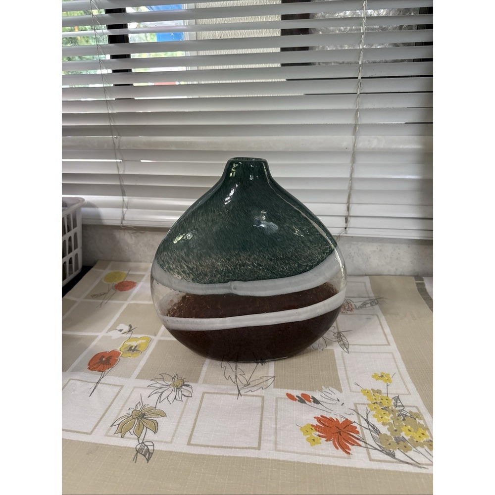 Tear Drop Glass Vase Hand Blown Heavy Walled Teal White Clear Brown Design 10 T